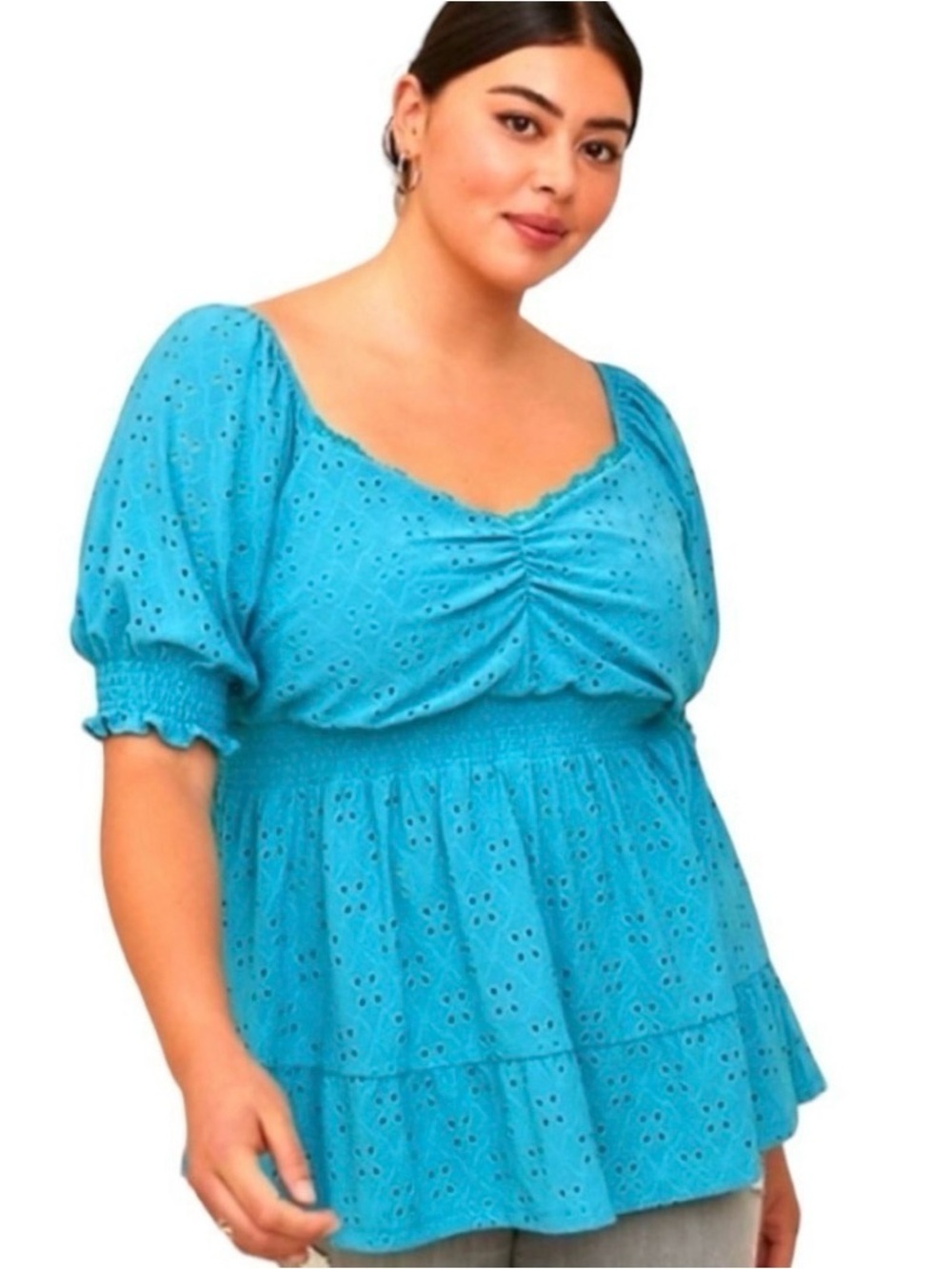 Torrid Eyelet Smocked Waist and Sleeve Sweetheart Top Turquoise Size 2 2X